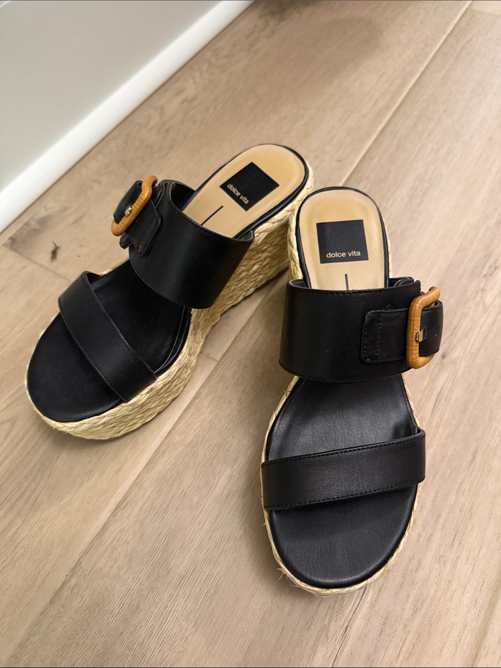 Dolce Vita Black Leather Espadrille Wedge Slide with Tan Buckle
